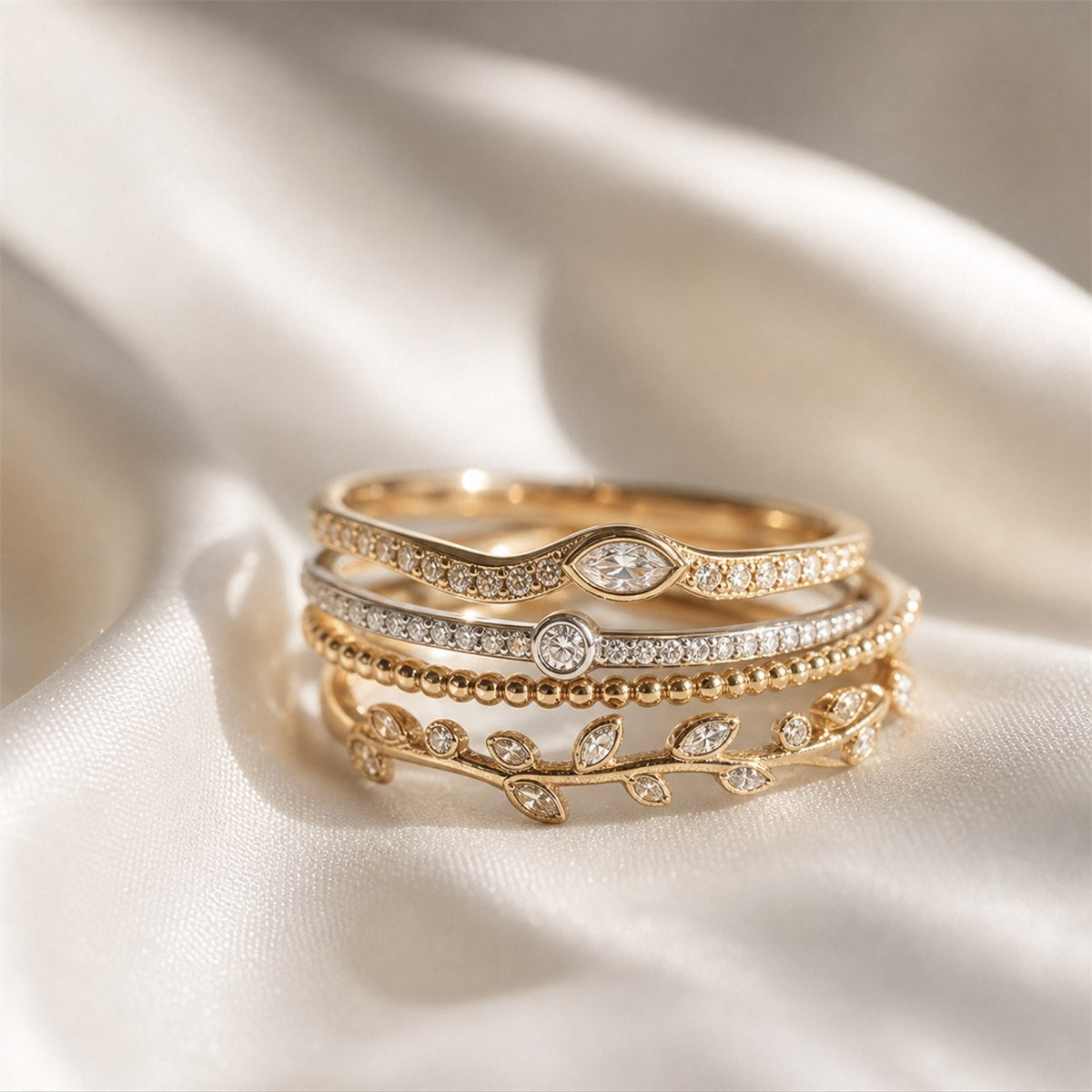 Stacked rings on silk